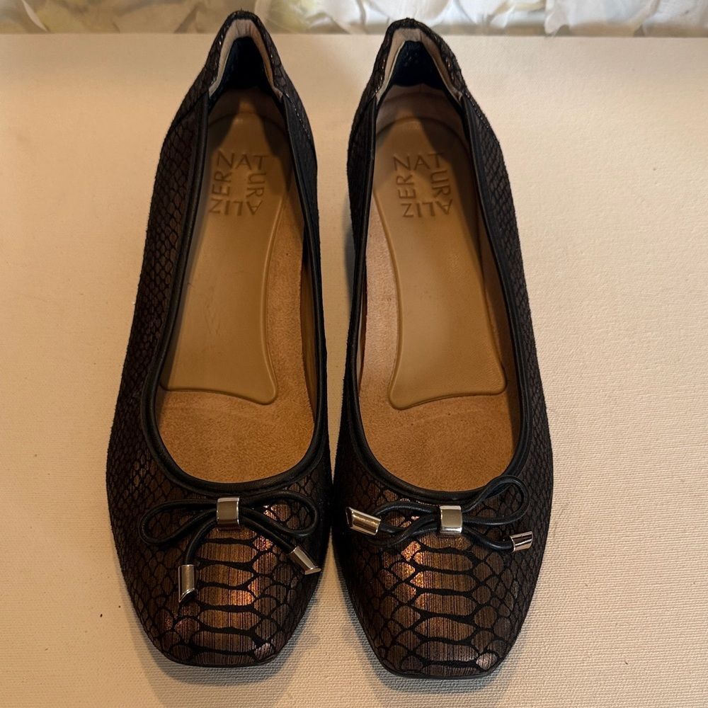 Naturalizer Black Snake-Print Ballet Flats with Bow Accent
